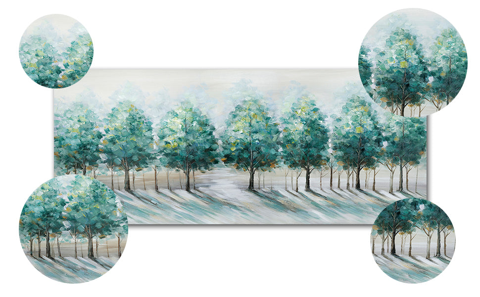 Painting of trees with a snowy landscape, surrounded by circular crop samples.