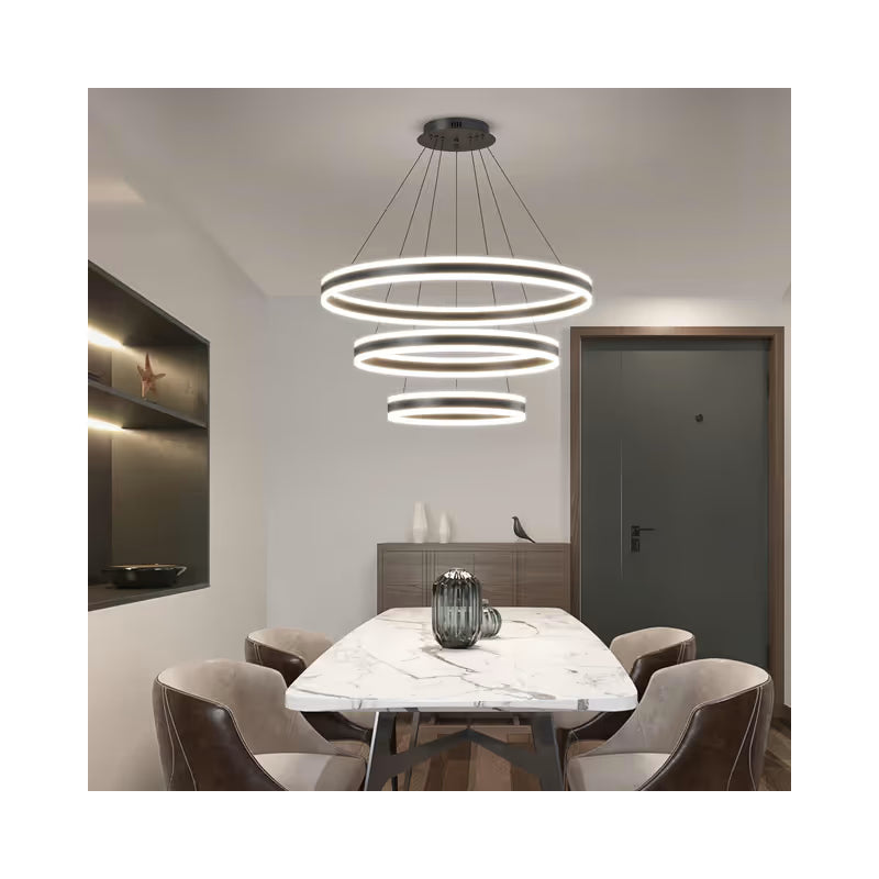 LED Pendant Light 3 Ring Circular Black Dimmable Remote Modern Chandelier
