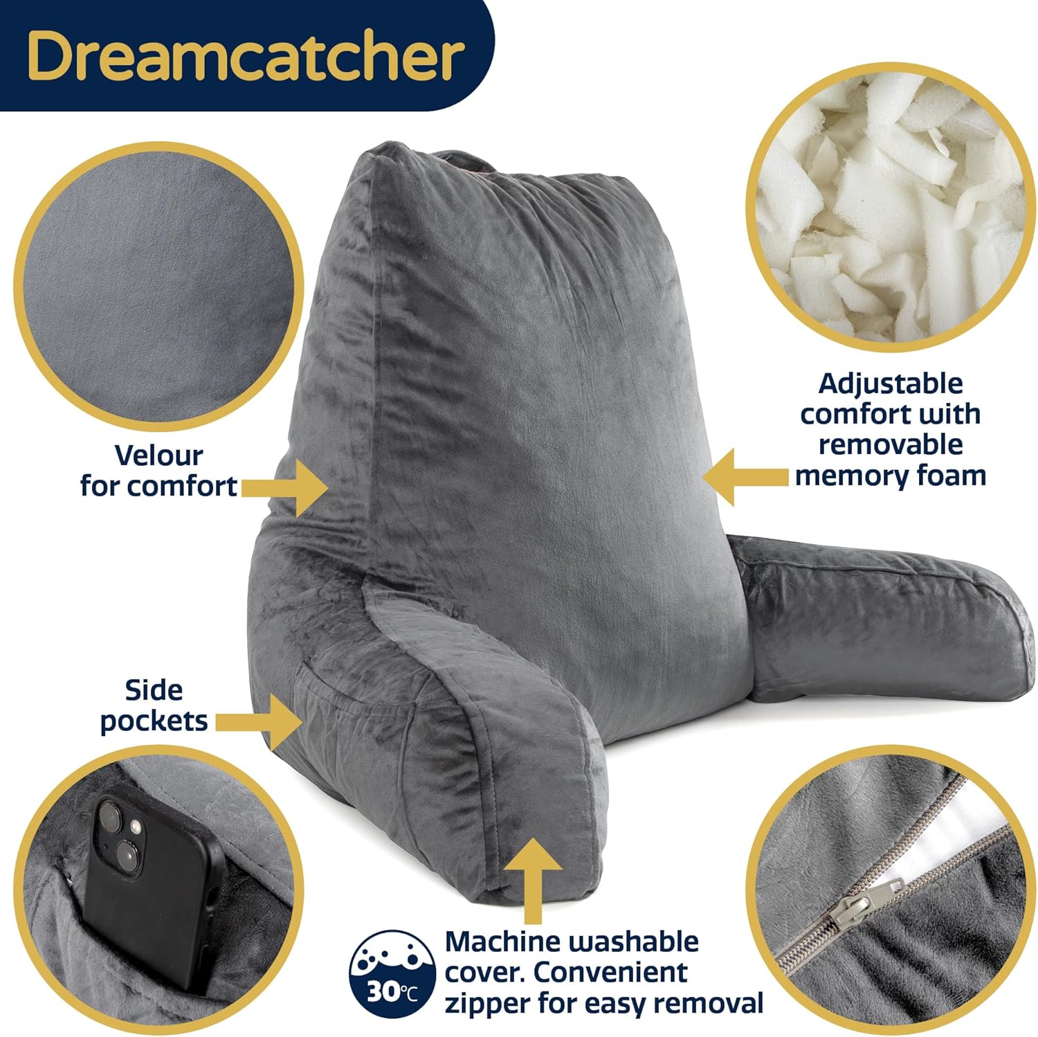 Gray backrest pillow with features highlighted on a white background