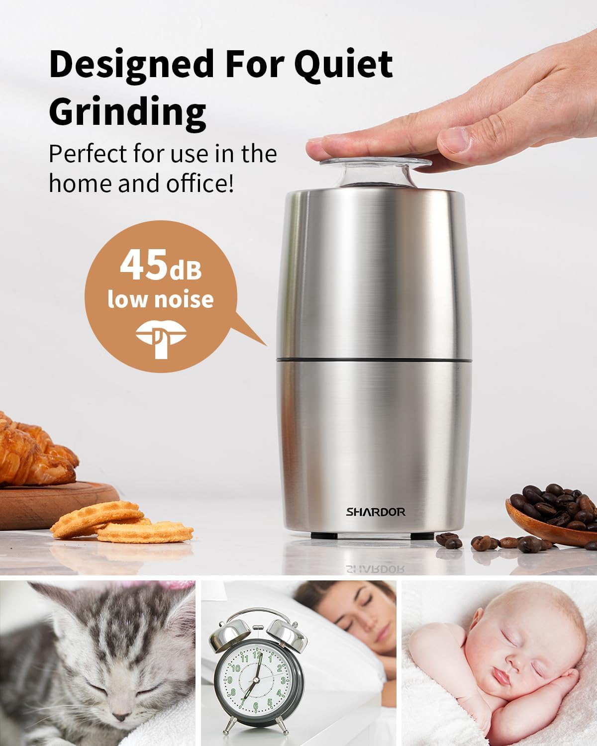 Shardor coffee grinder with text highlighting quiet grinding feature, ideal for home and office use.