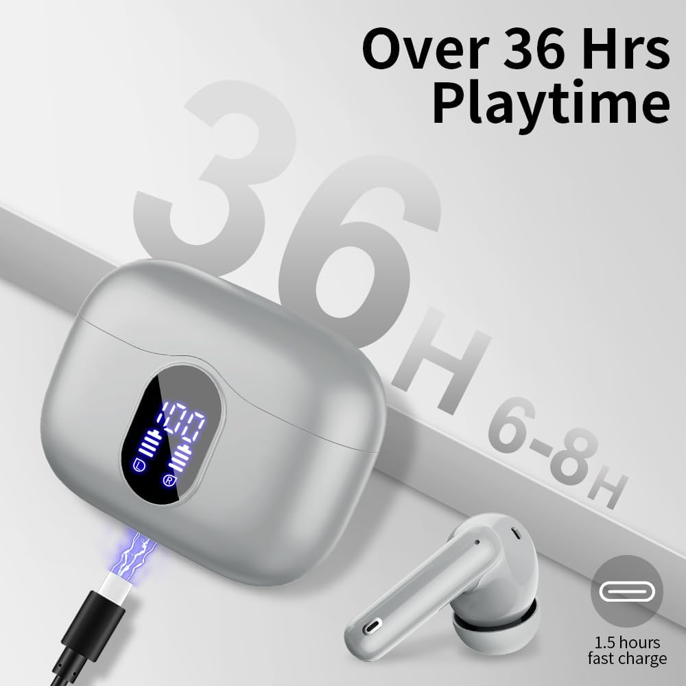 Wireless earbuds with charging case and charging cable, displaying playtime and fast charge information.