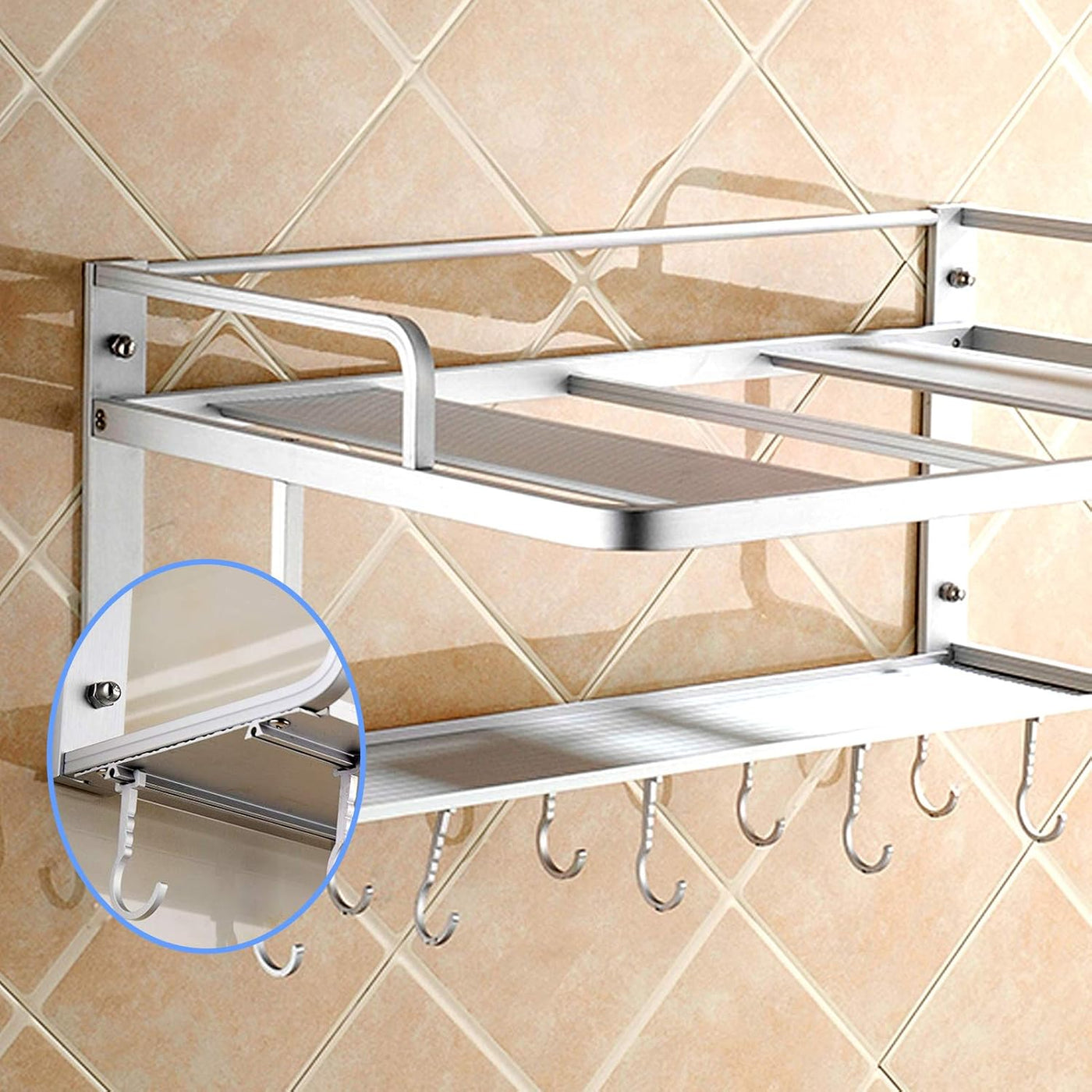 Wall Mounted Microwave Rack – 2-Tier Aluminum Shelf with Guard Rail 21.6in