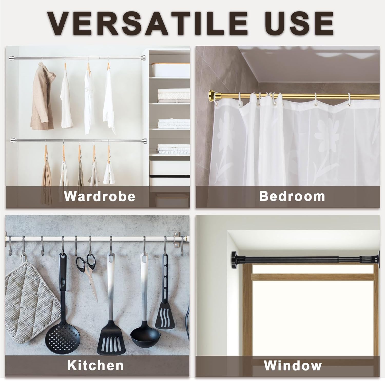 Spring Tension Curtain Rod Adjustable 43-79 Inch Stainless Steel White Gold
