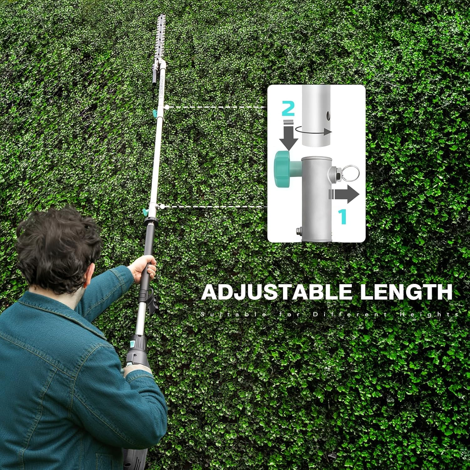 Person using an adjustable length hedge trimmer on a green hedge with an inset diagram showing the adjustment mechanism.