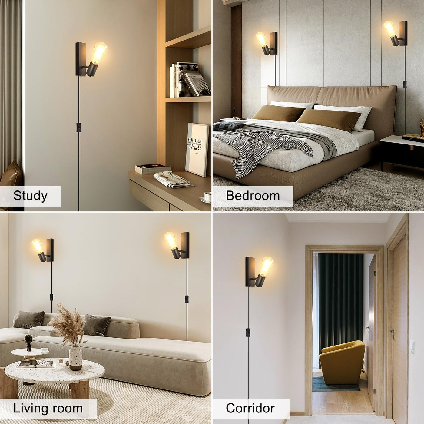 Collage of a modern interior design with wall lights in different rooms.