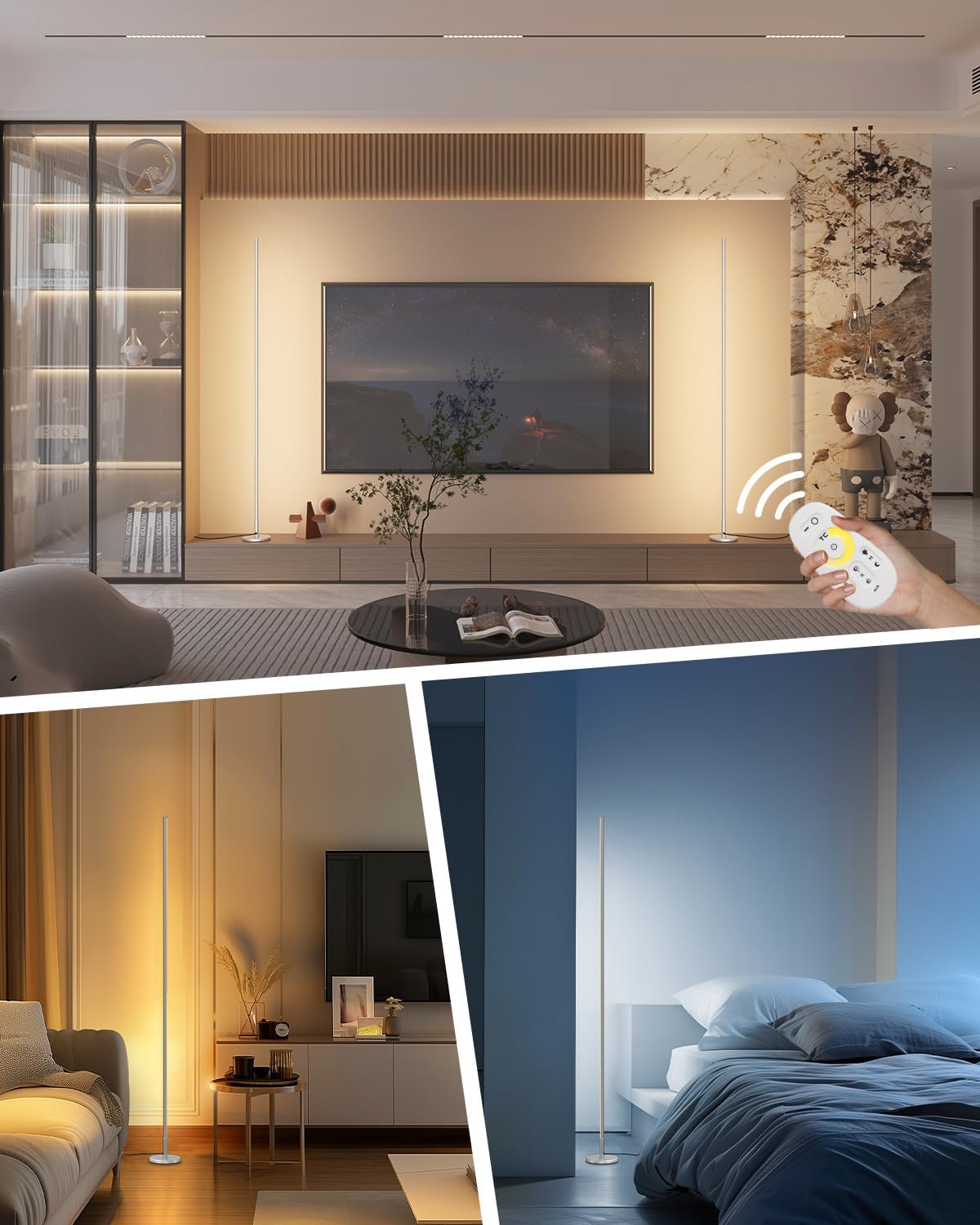 Modern living room with a TV, shelves, and a bed in a bedroom setting.