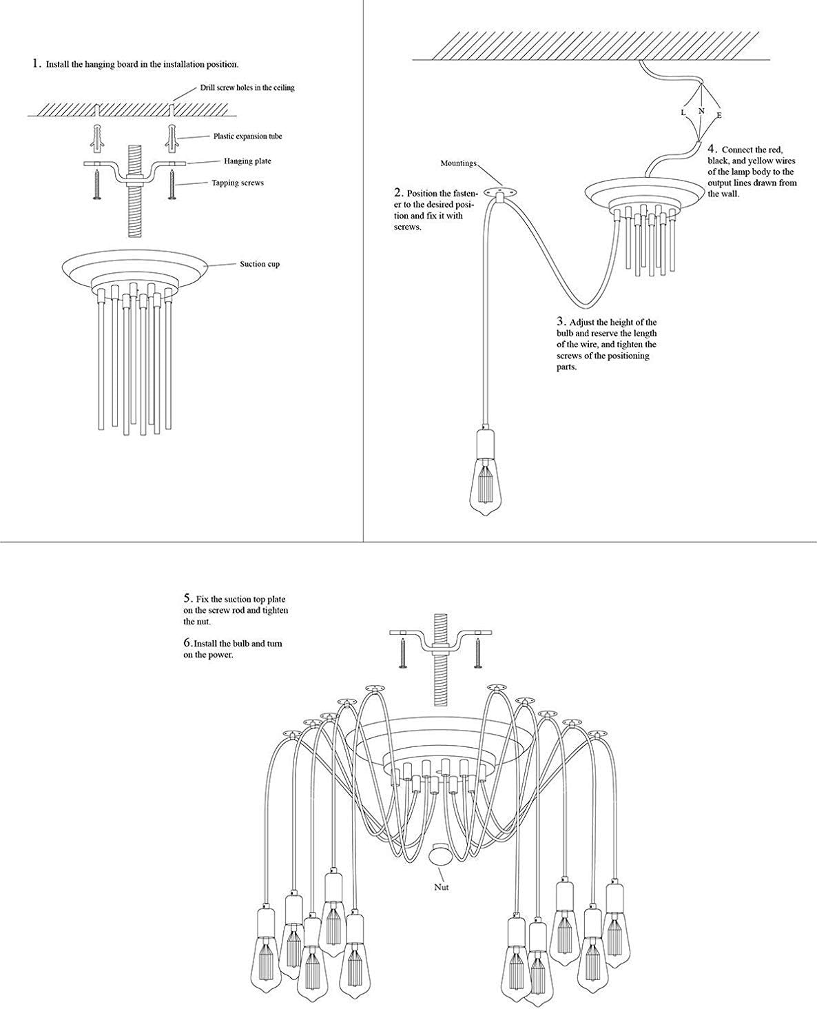 Step-by-step diagram for installing a chandelier with illustrations and text.