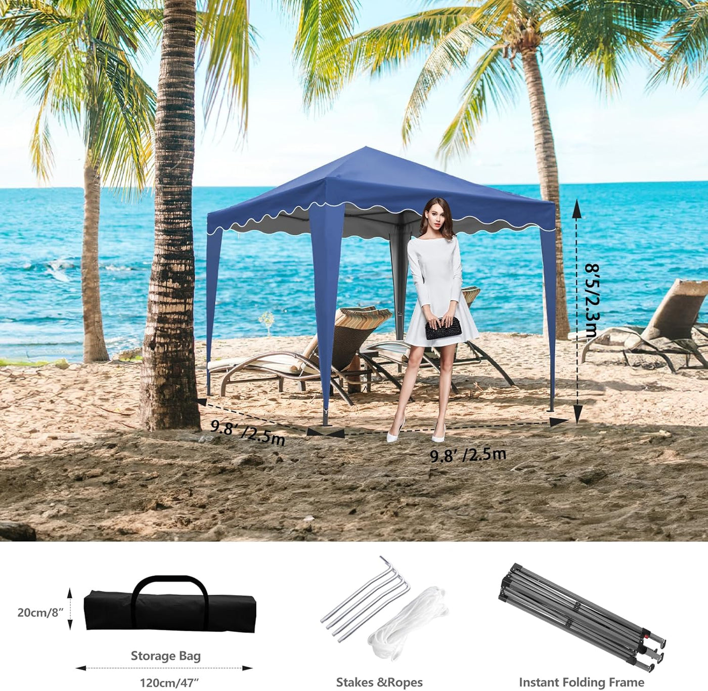 Pop-Up Gazebo with Wave Edge, Easy Setup & Sturdy Structure - Blue