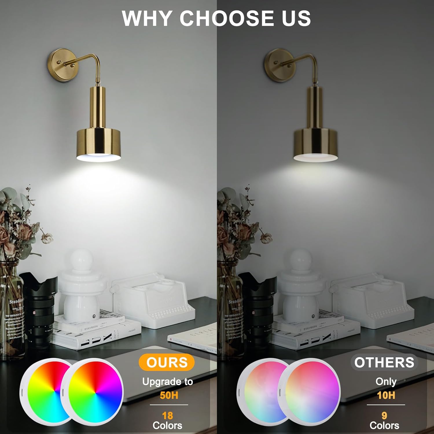 Lightsjoy 2x Rechargeable Wall Lights RGB Dimmable with Remote – Gold Finish