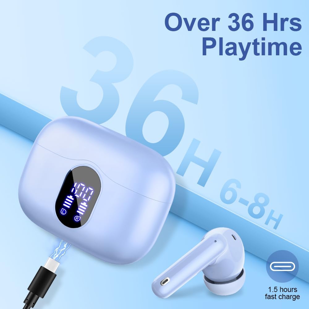 Wireless earbuds with charging case on a blue background, displaying playtime and charging information.