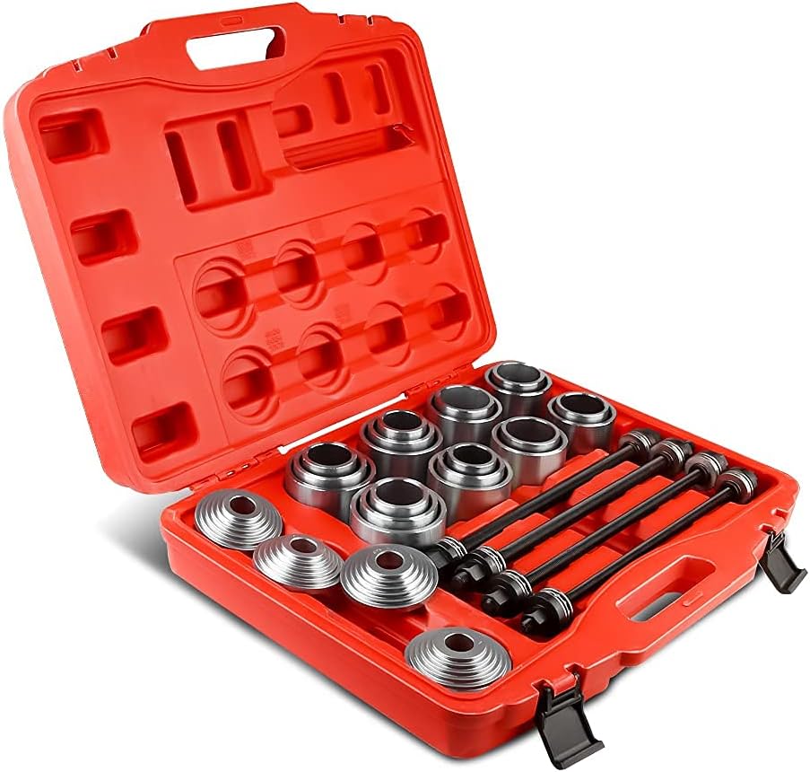 Open red tool case with mechanical bearing and rod set on a white background