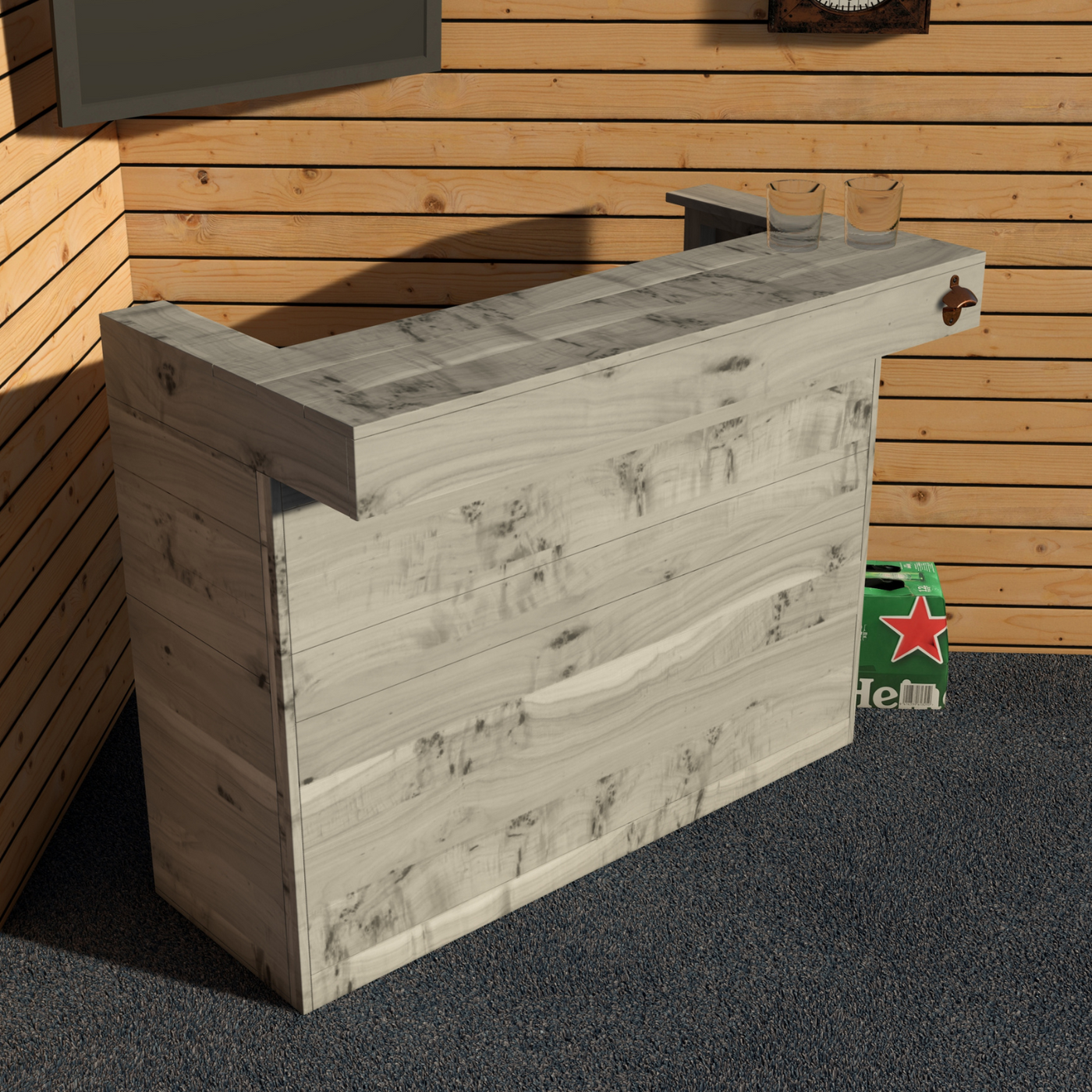Wooden outdoor bar with a wooden wall background
