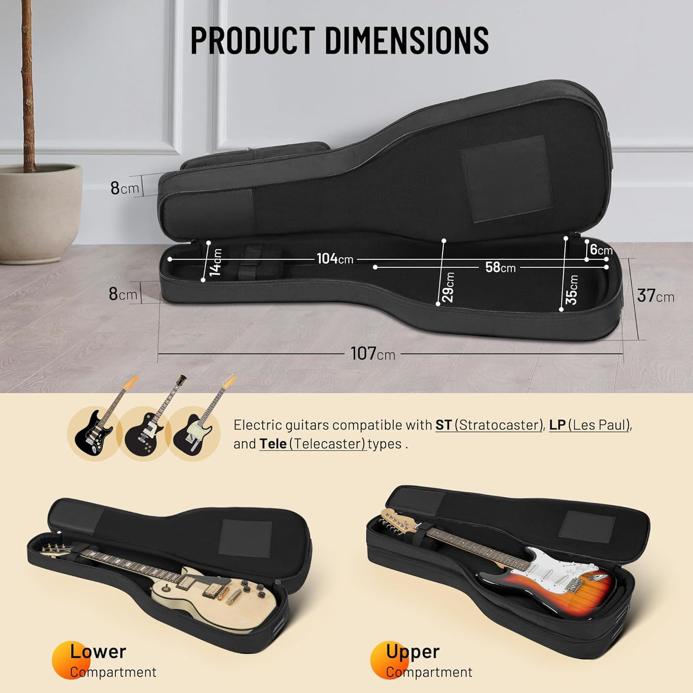 Guitar case with dimensions and compatibility information on a neutral background
