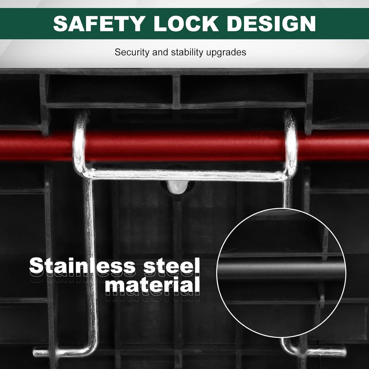 Close-up of a safety lock design with stainless steel material on a black background.