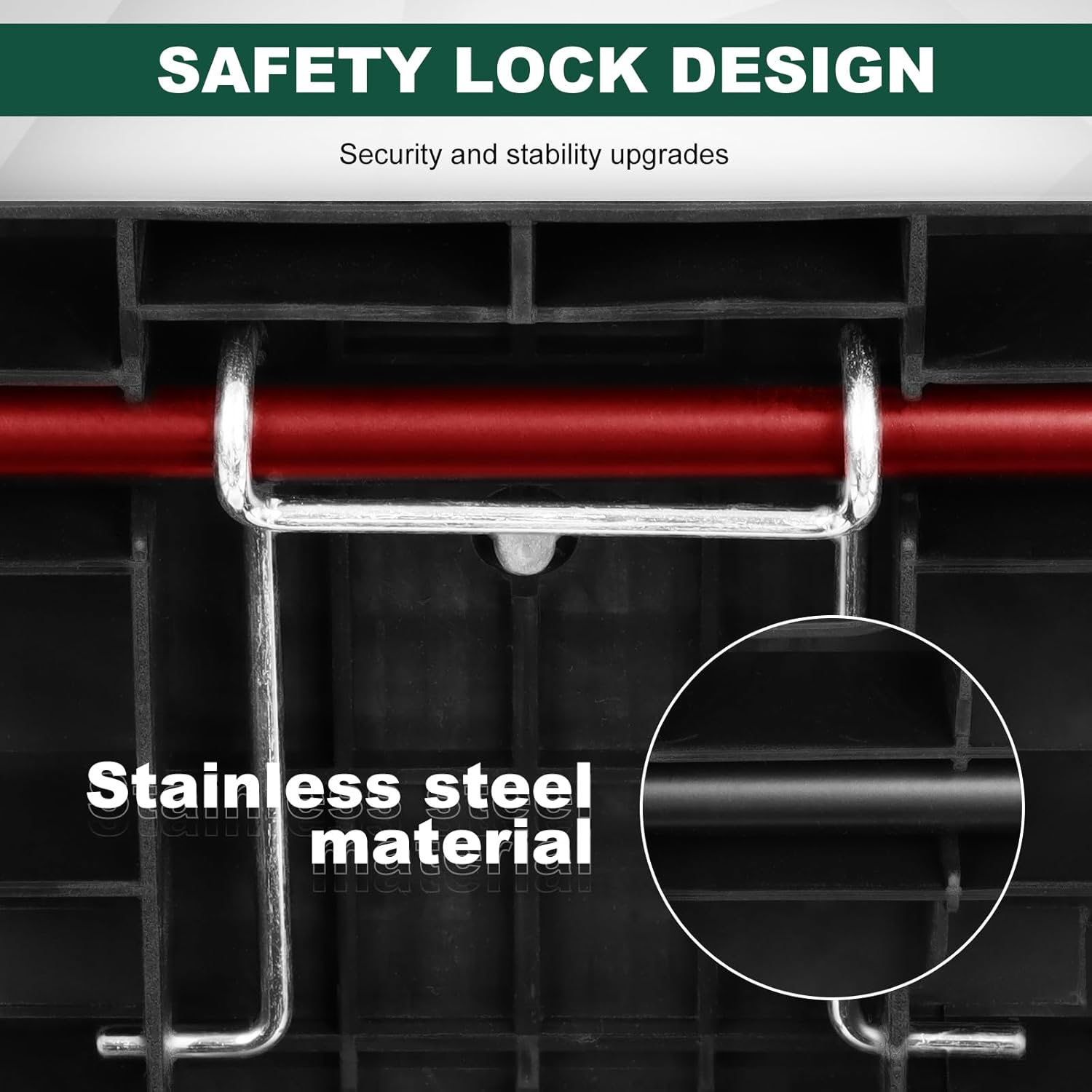 Close-up of a safety lock design with stainless steel material on a black background.
