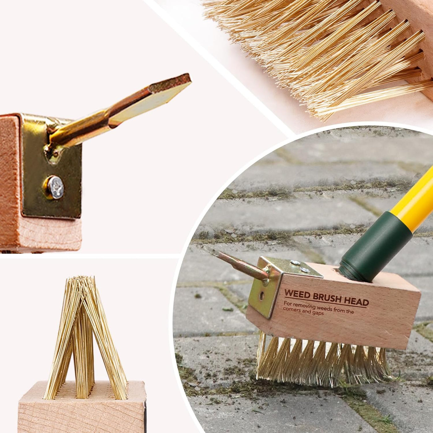 Collage of a gold-handled tool, a close-up of a brush head, and a weed brush in use.