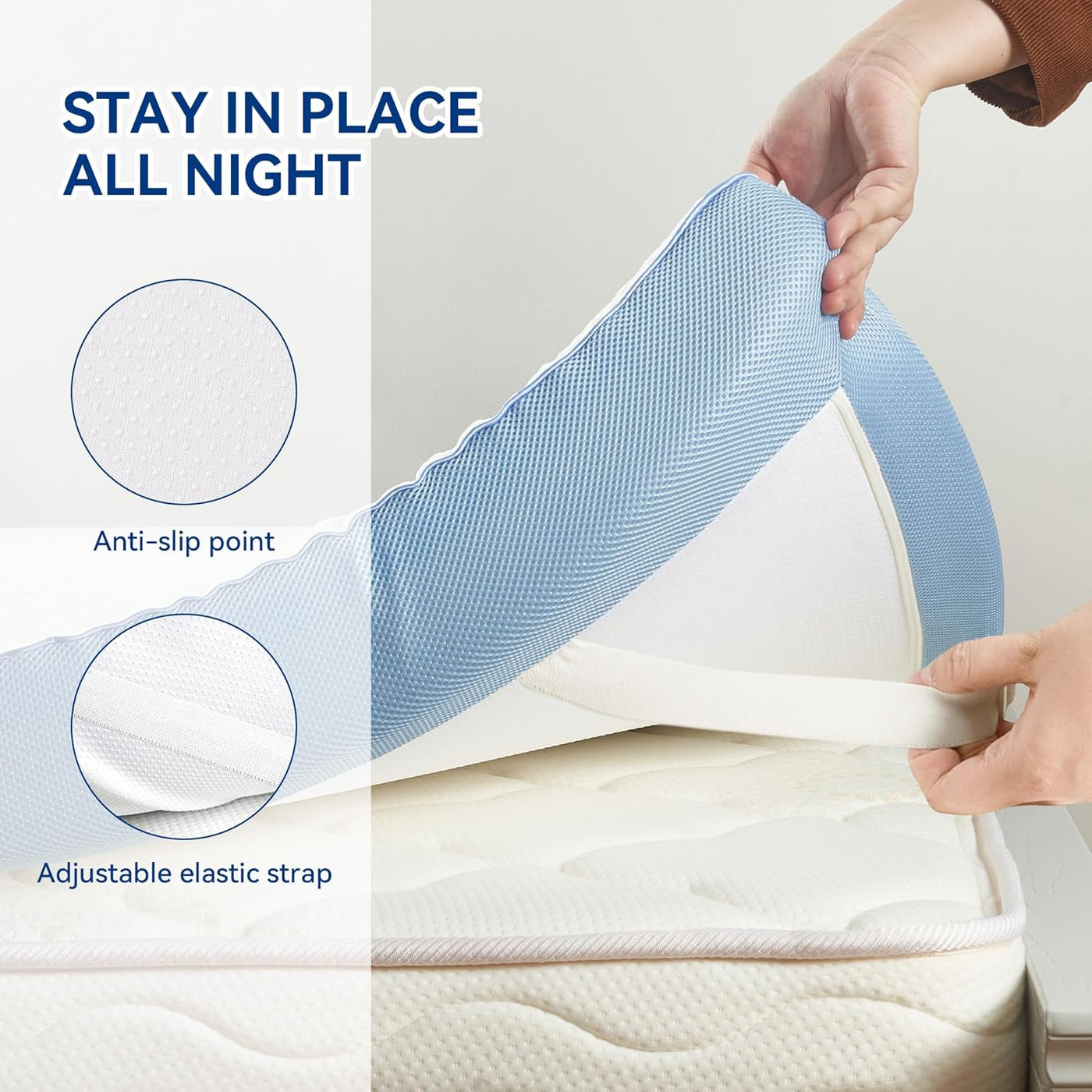 Mattress topper with anti-slip point and adjustable elastic strap, held by a hand.