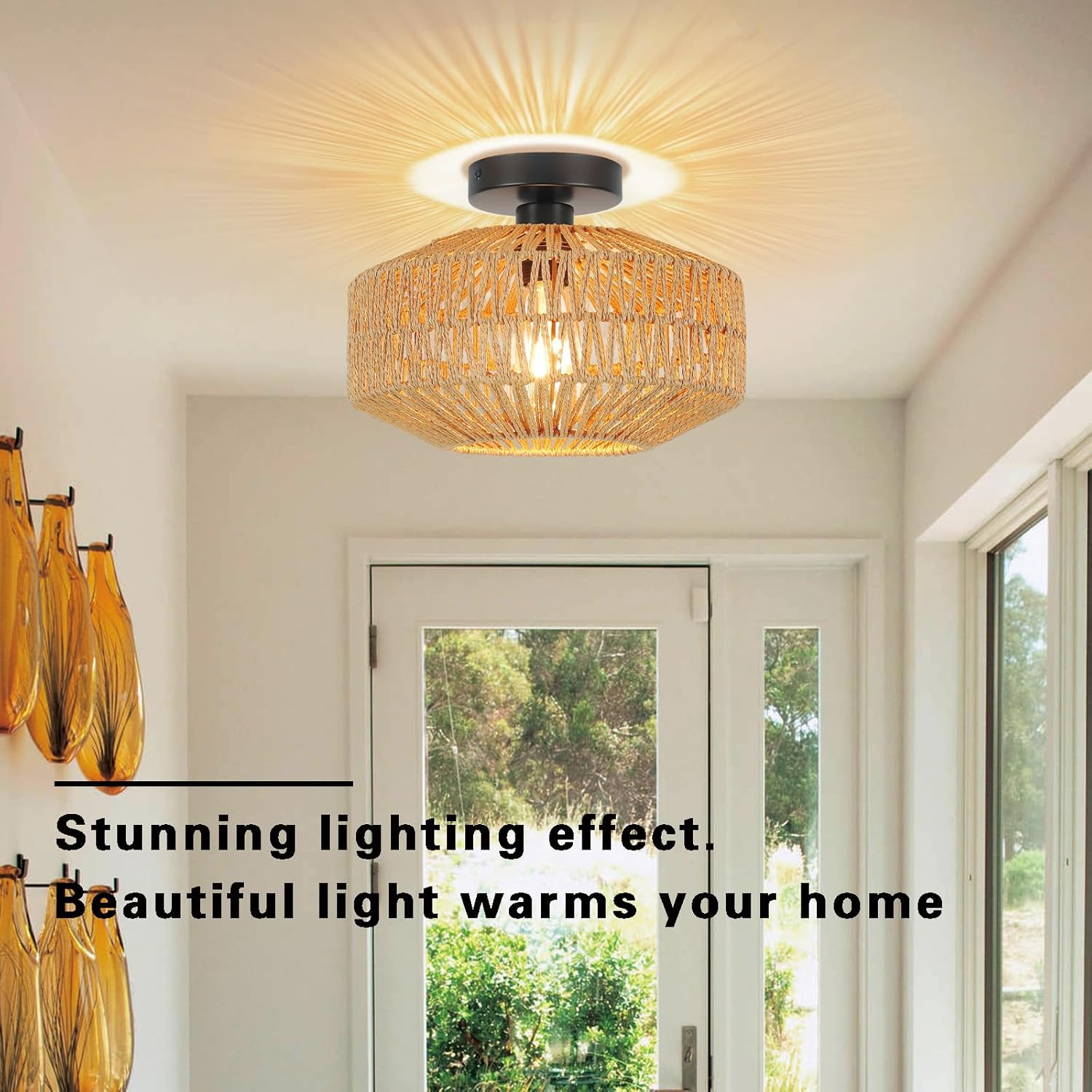 Schindora Boho Rattan Ceiling Light – E27 Rustic Braided Lamp Shade