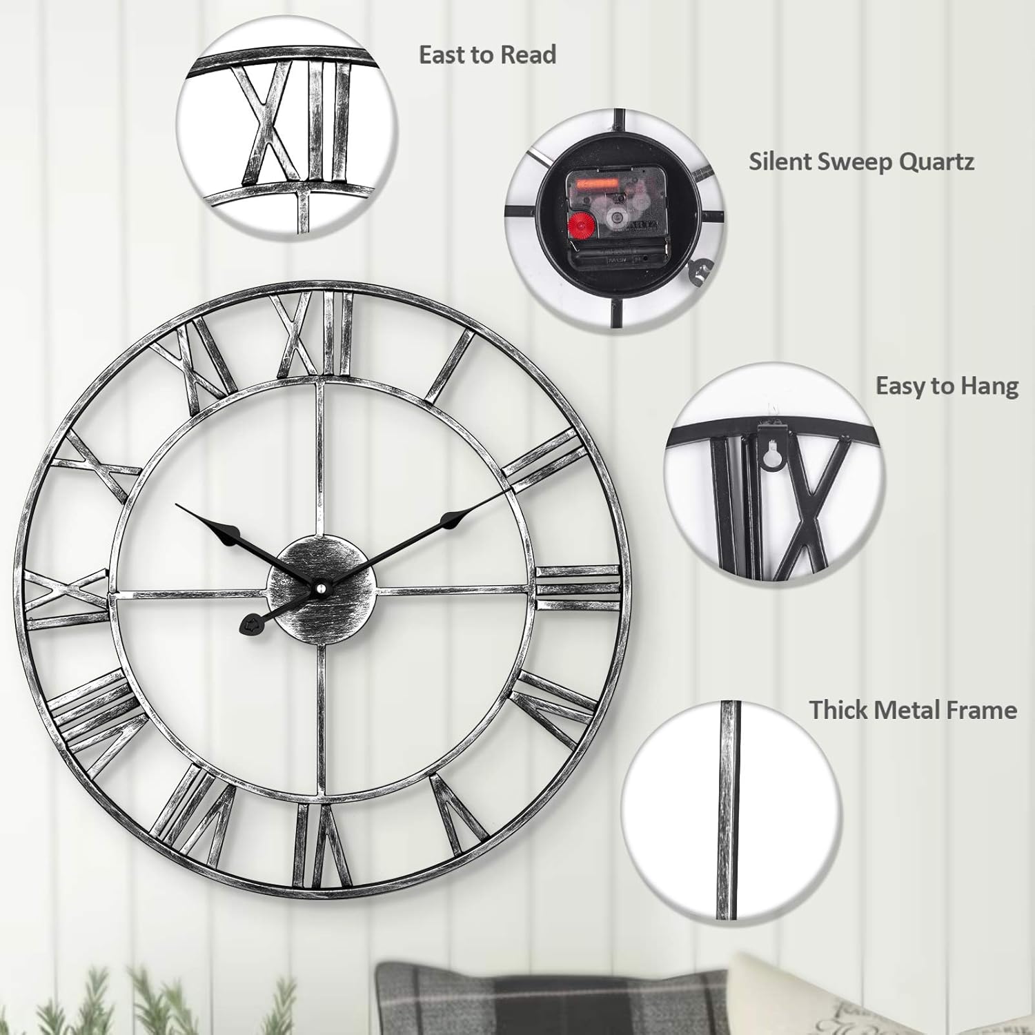 Silent Wall Clock Vintage Metal Skeleton Roman Numerals Farmhouse ARVINKEY