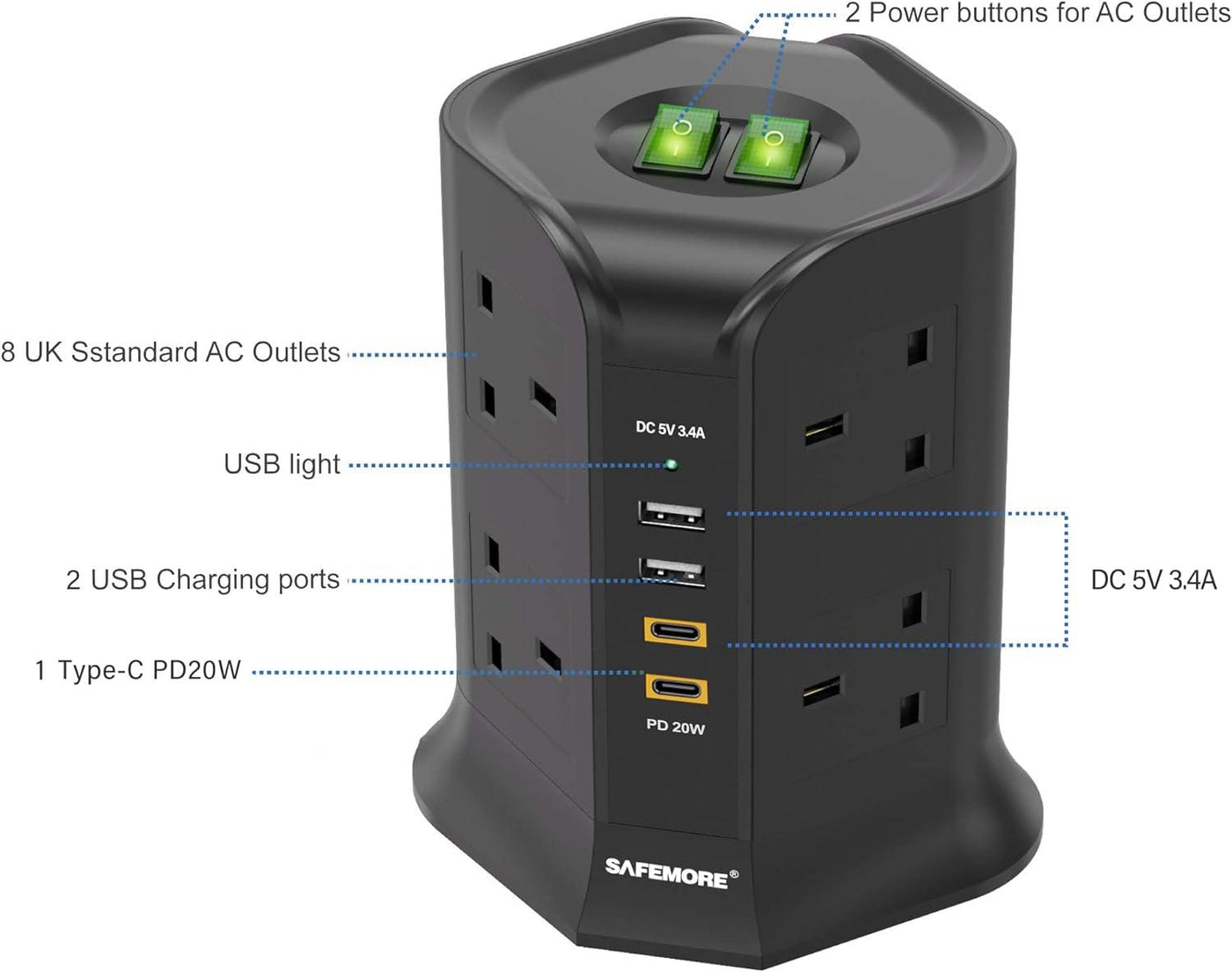 SAFEMORE UK Tower Extension Lead with 8 Outlets, 2 USB, and 2 Type-C - Massive Discounts