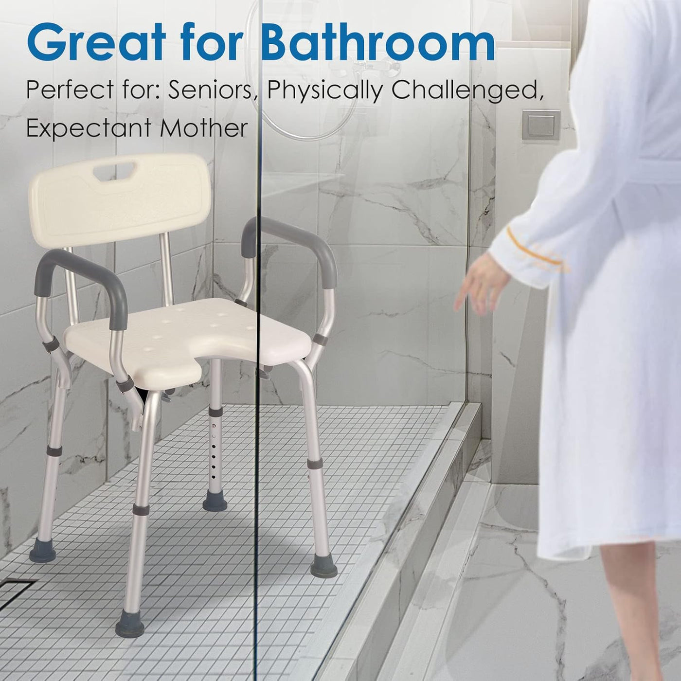 Heavy Duty Shower Chair 330lbs - With Arms, Back, Cutout Seat, Cold-Proof Pads