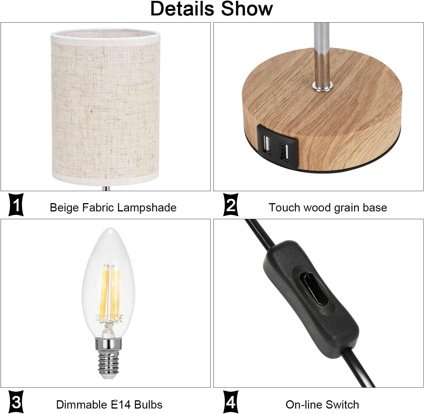 Collage of lamp details including beige fabric lampshade, touch wood grain base, dimmable E14 bulbs, and on-line switch.