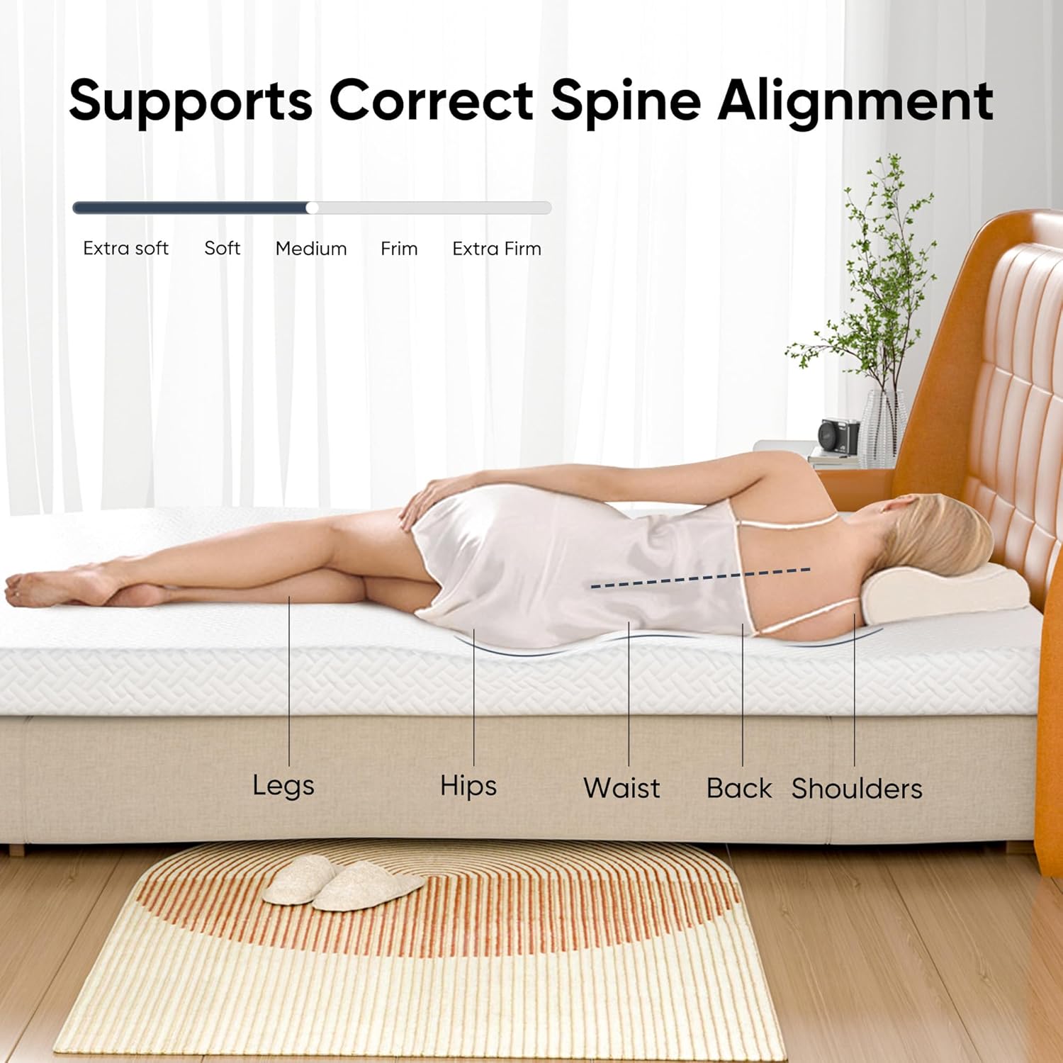 Woman lying on a mattress with labeled body parts and text about spine alignment.