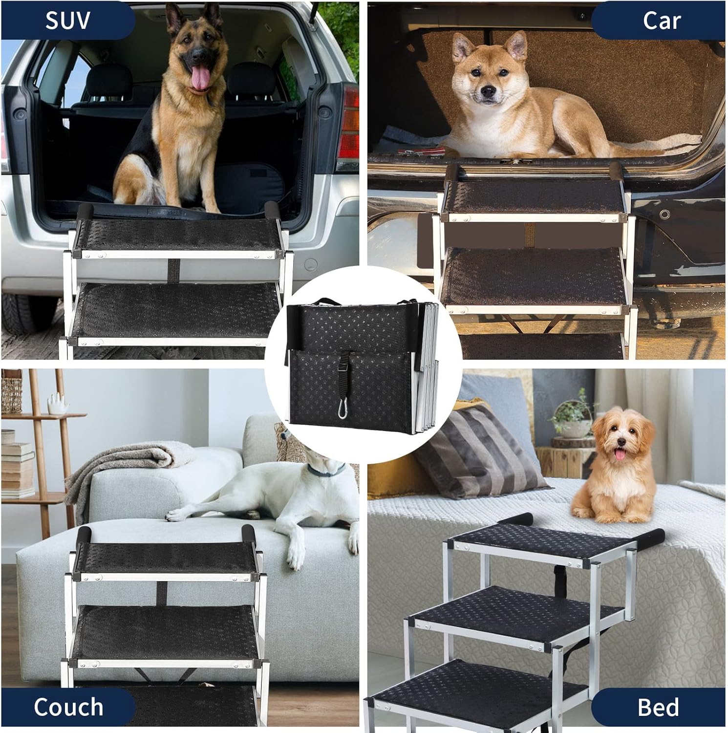 Extra Wide Foldable Dog Car 4 Steps, Non-Slip Ramp for Large Dogs up to 250lbs