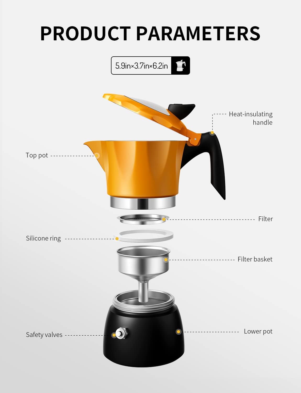Stovetop Coffee Maker Italian Espresso Moka Pot Transparent Lid Orange TWOMEOW