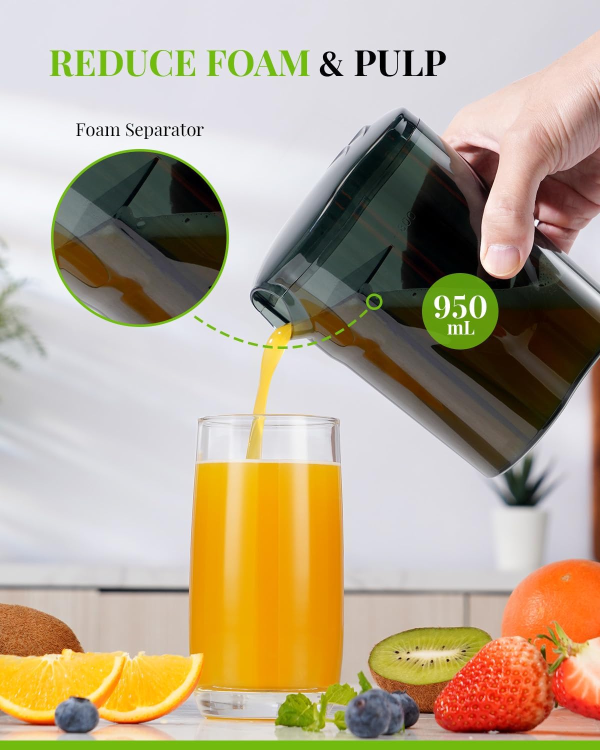 Foam separator pouring orange juice into a glass with fruits on a table.