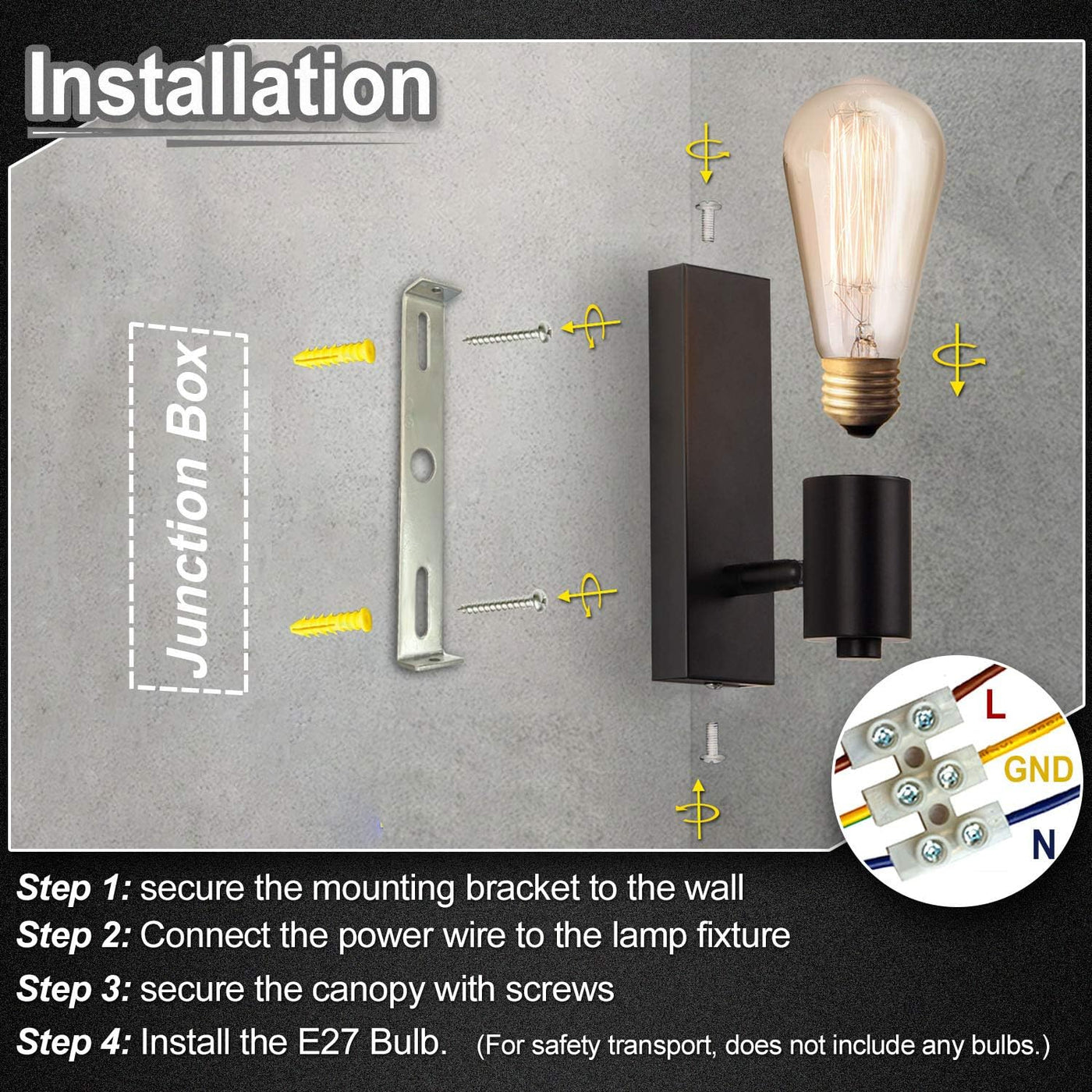 Wall-mounted light fixture installation guide with junction box and screw illustration.