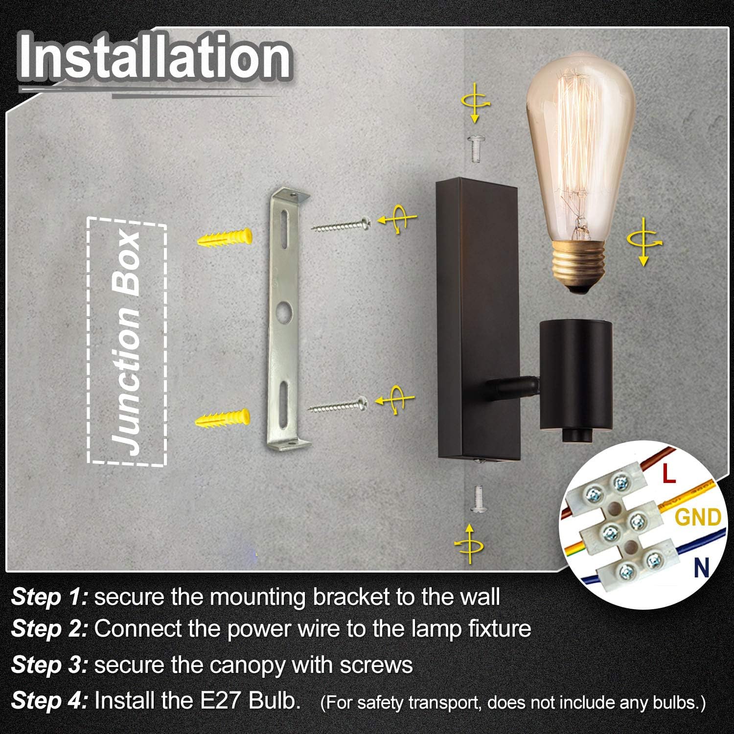Wall-mounted light fixture installation guide with junction box and screw illustration.