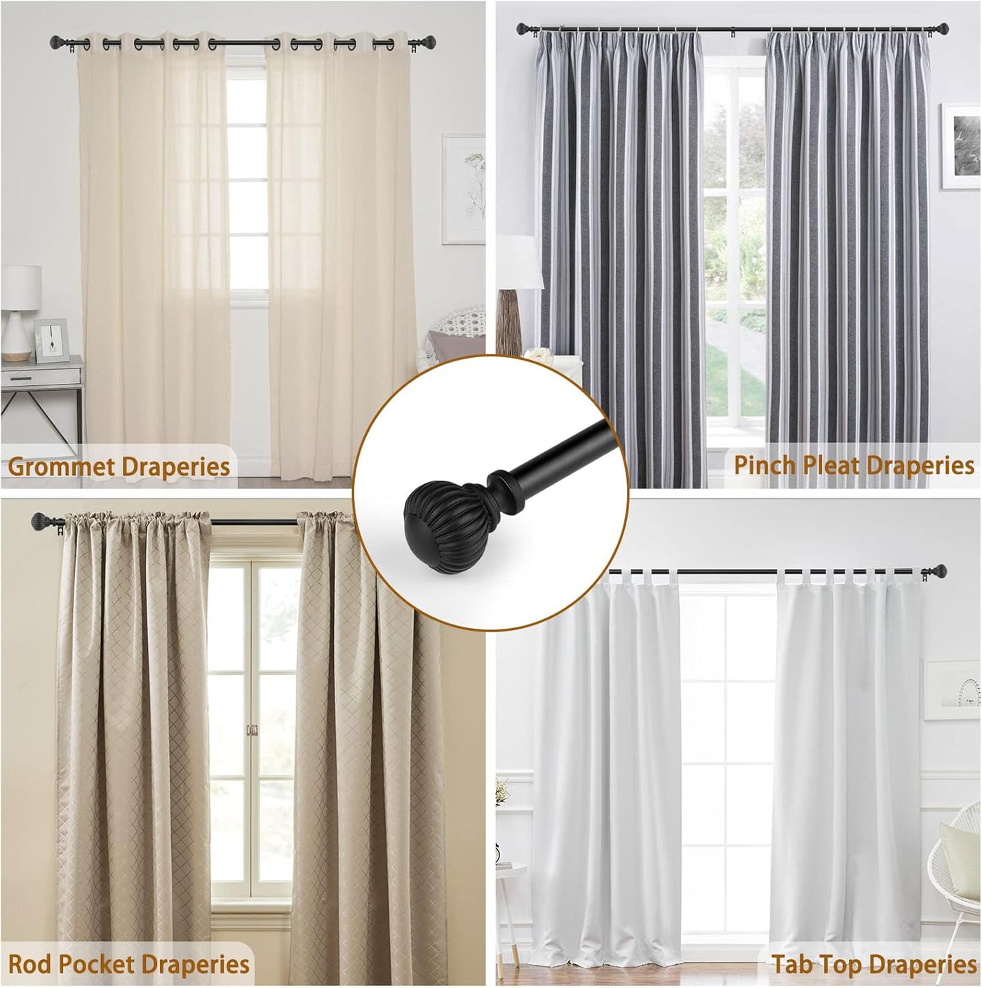 Curtain Pole Extendable 122 218cm Metal 16mm Black Pumpkin Finials SZXIMU