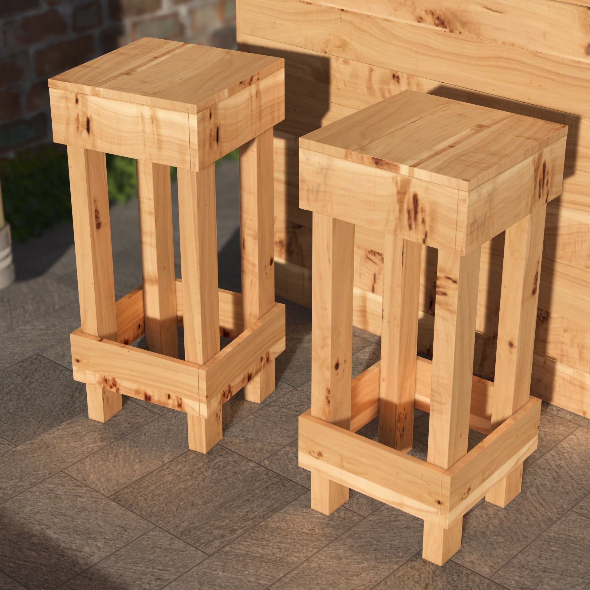Two wooden stools on a stone pavement with a brick wall background