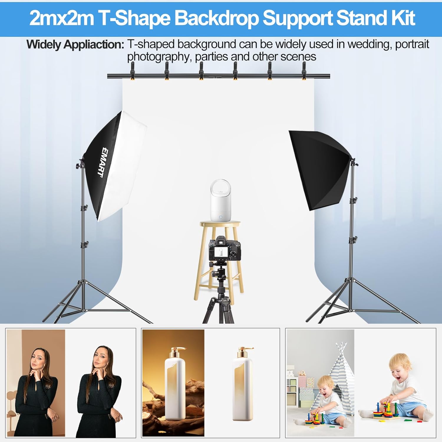 White Backdrop 1.5x2m with Adjustable 2x2m Frame Stand Kit for Studio EMART