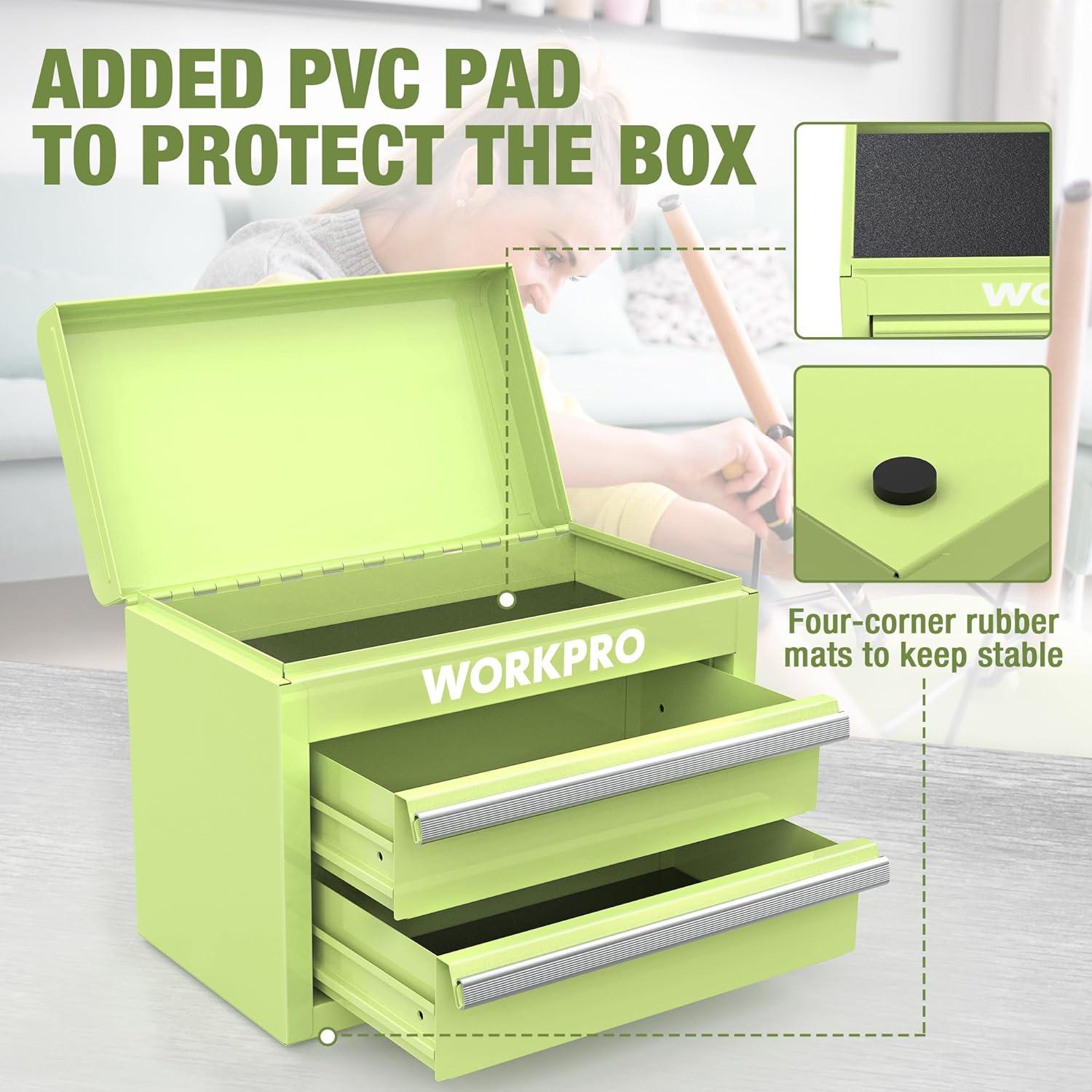 WORKPRO 2-Drawer Mini Tool Box - Metal Chest with Top Storage, Macaron Green