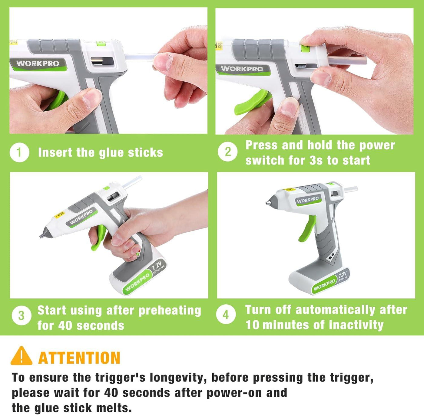 WORKPRO 7.2V Cordless Glue Gun with 19 Glue Sticks | Fast Preheat, 2000mAh Battery