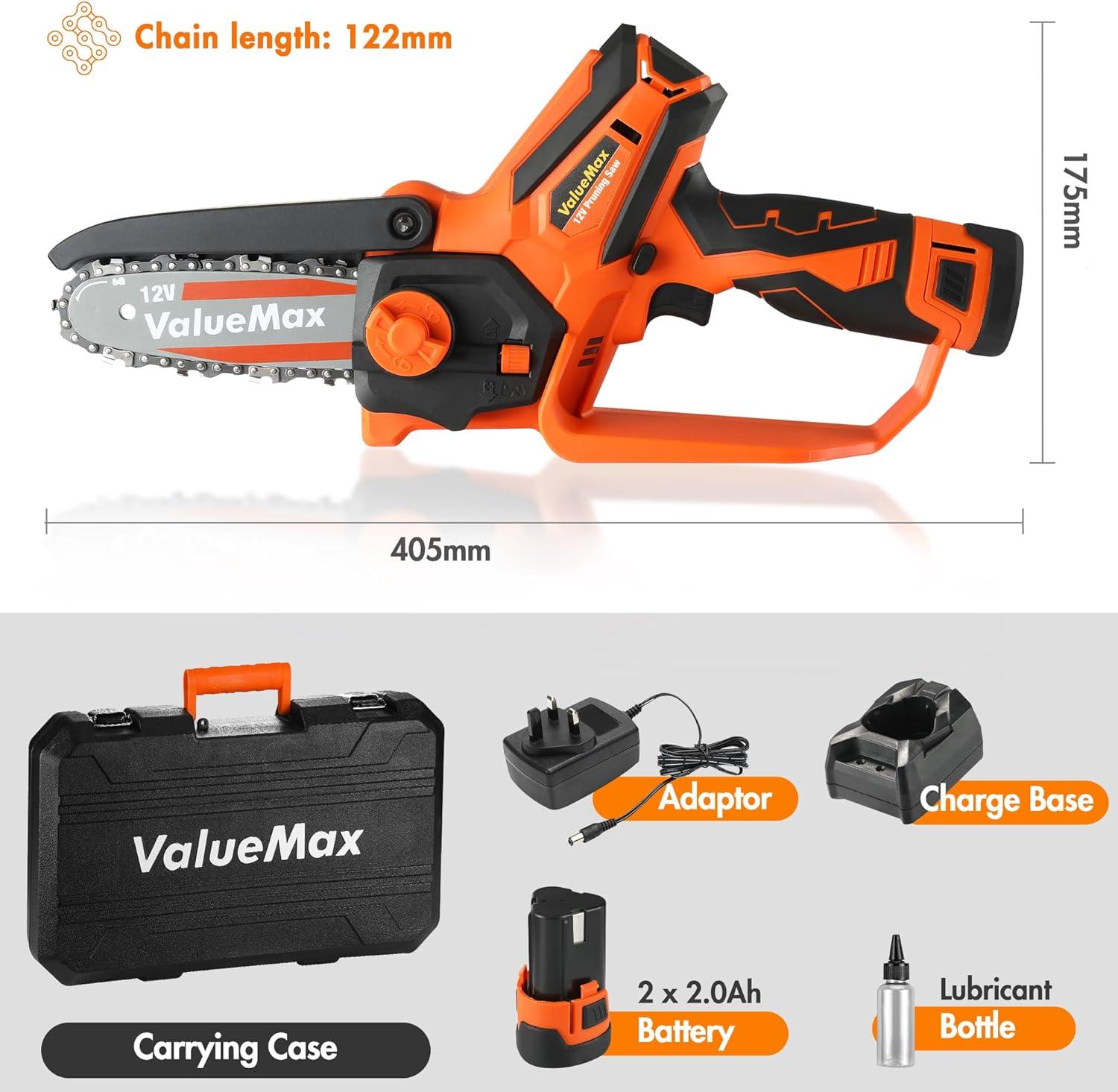 ValueMax Mini Chainsaw 4in Cordless, 12V, 3 Batteries, Quick Charger