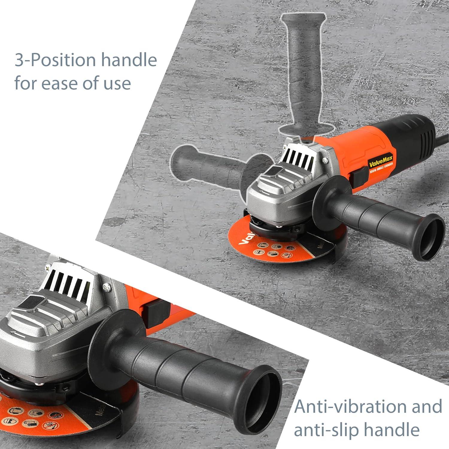 ValueMax 850W Angle Grinder, 115mm, 12000 RPM, 3-Position Handle, 4 Discs Included