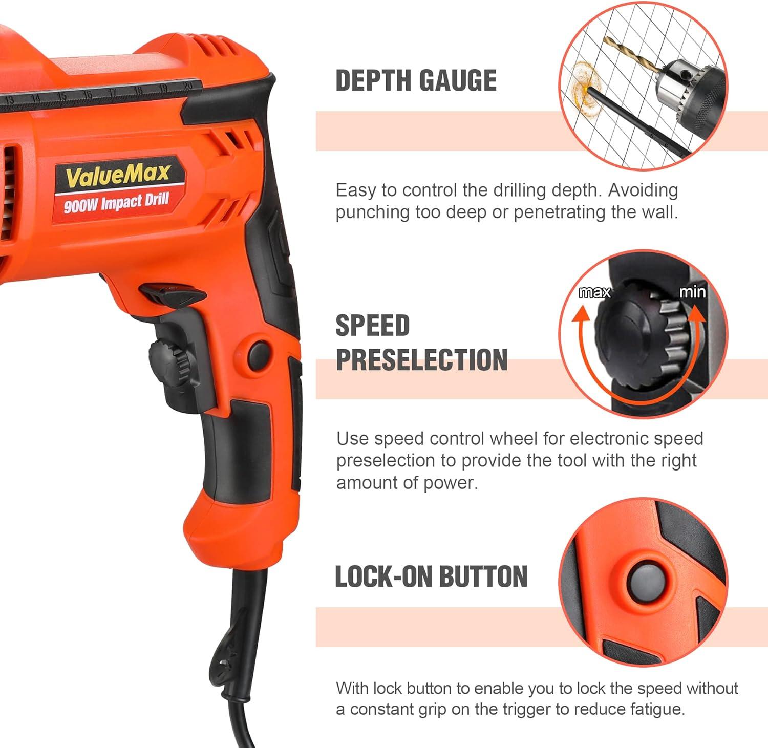 ValueMax 900W Electric Drill, Variable Speed Orange