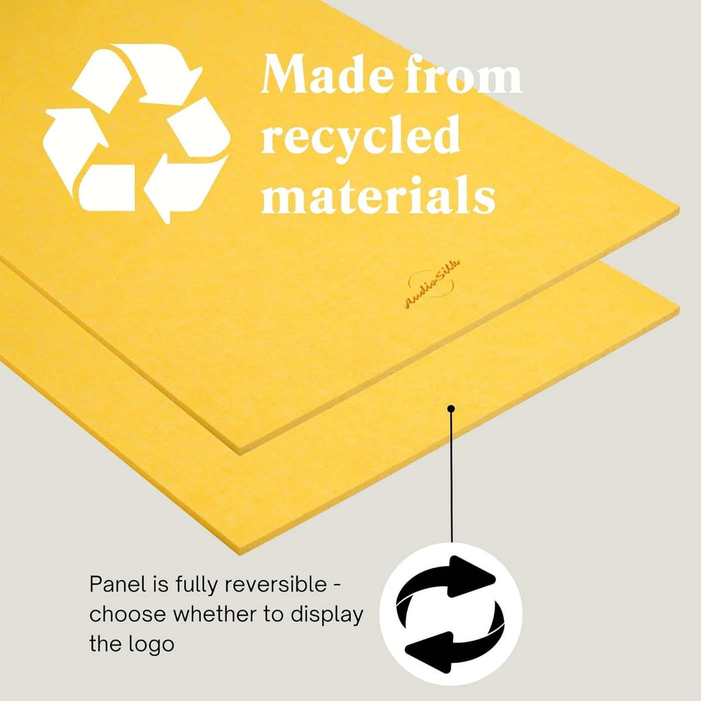 Yellow panel with recycling symbol and text indicating recycled materials, on a light gray background.