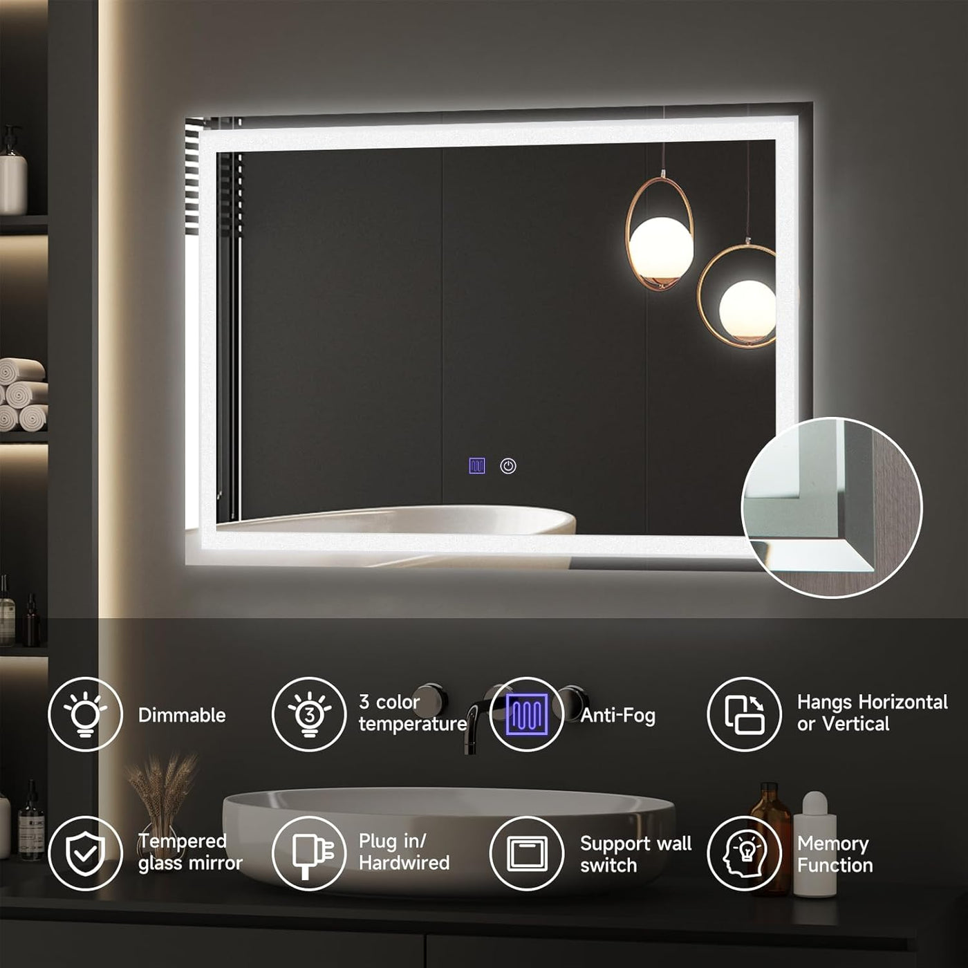 YOSHOOT 500x700mm LED Bathroom Mirror, 3-Color, Dimmable, Anti-Fog, Wall Mounted