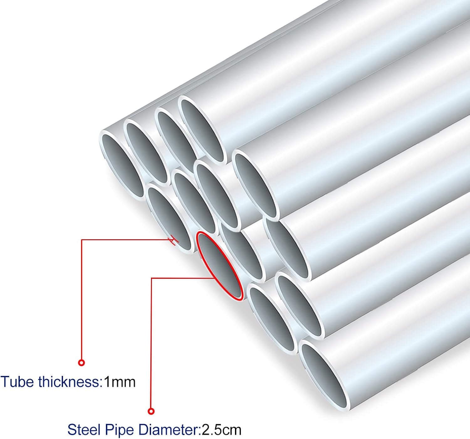Stack of steel pipes with labeled thickness and diameter on a white background