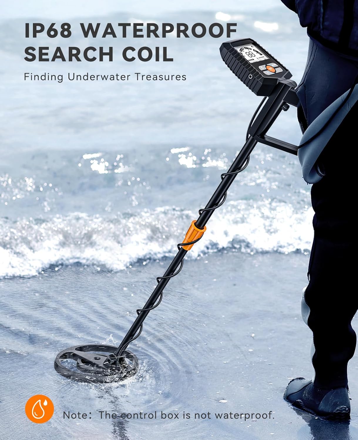 Metal detector with waterproof search coil in water, with text about IP68 rating and use case.