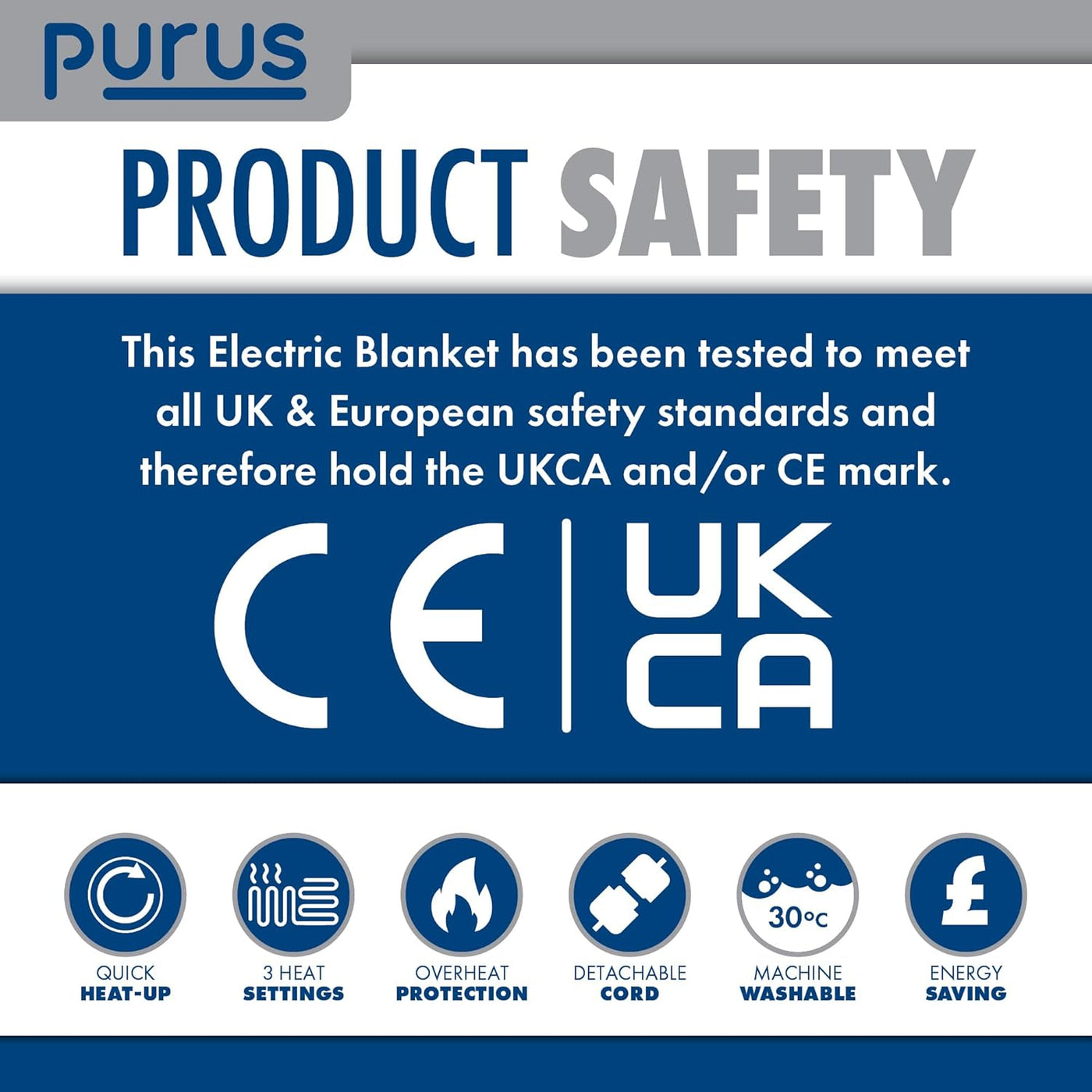 Product safety label for an electric blanket with CE and UKCA markings and feature icons.