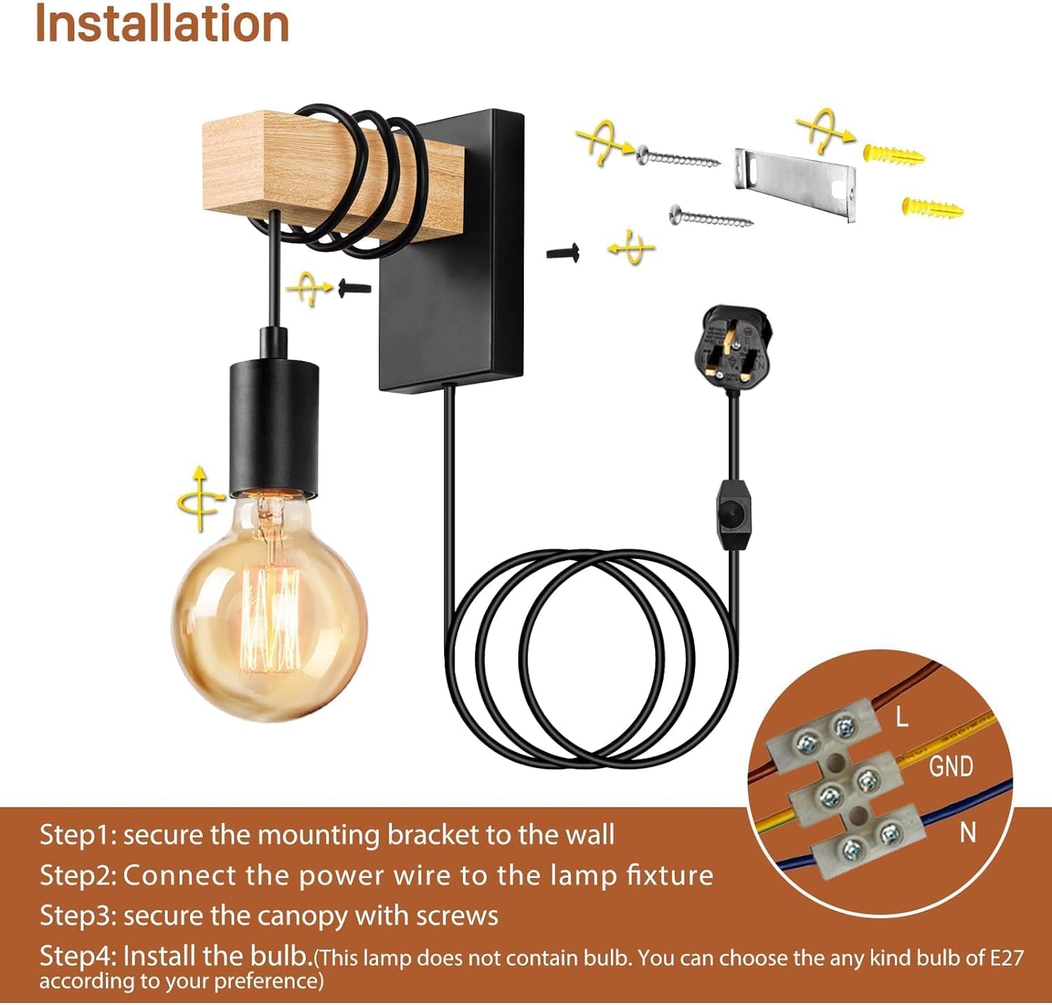 Wall-mounted light fixture with installation steps and components on a white background
