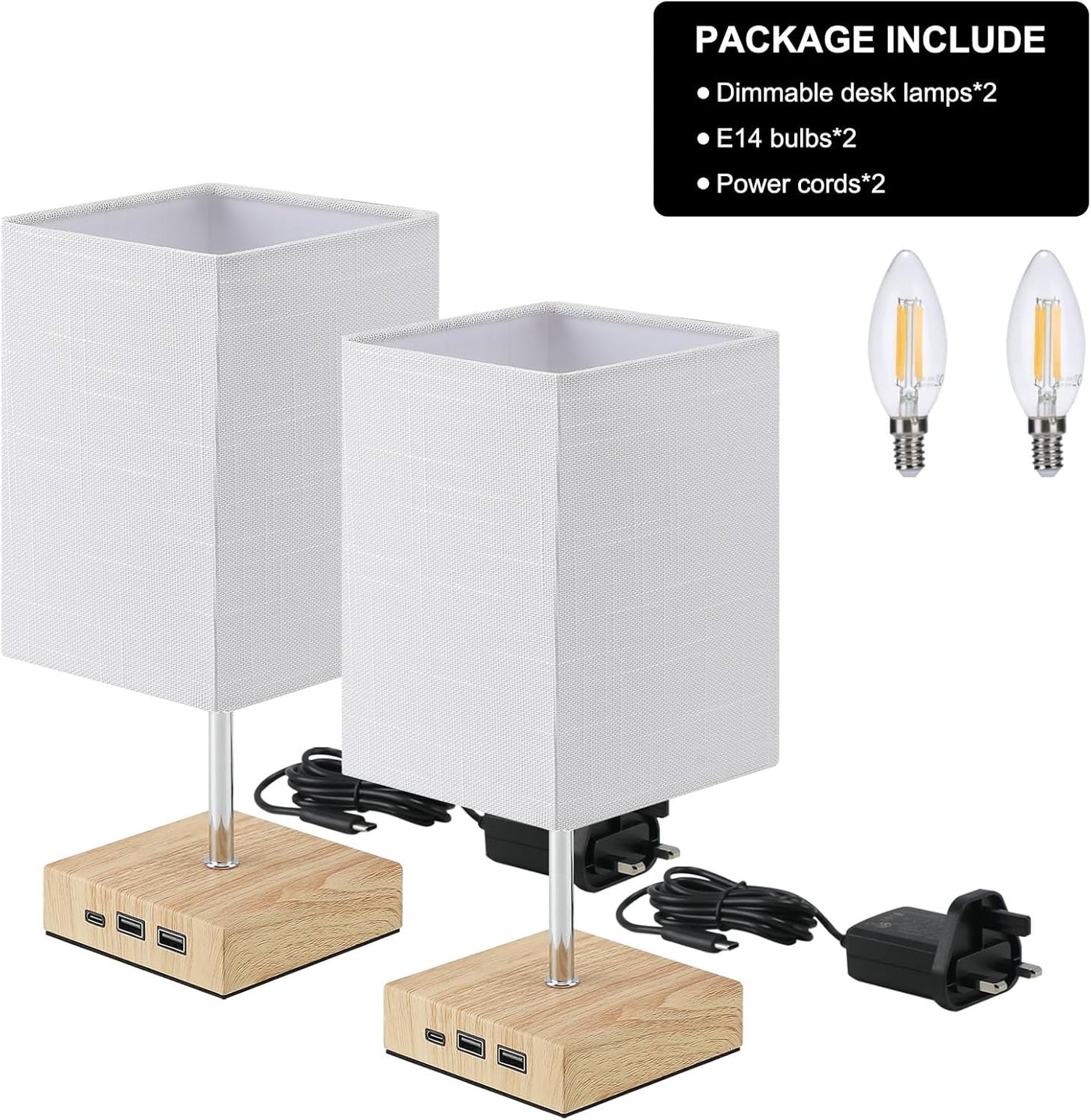 Two white desk lamps with wooden bases, power adapter, and bulbs on a white background.
