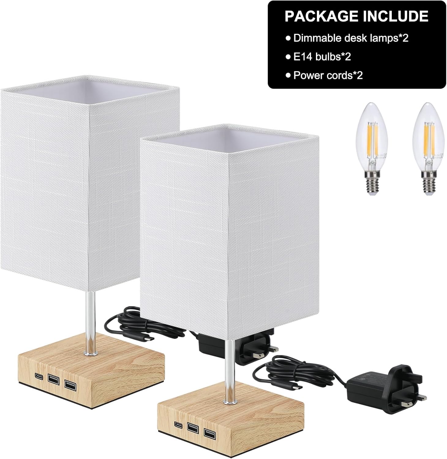 Two white desk lamps with wooden bases, power adapter, and bulbs on a white background.