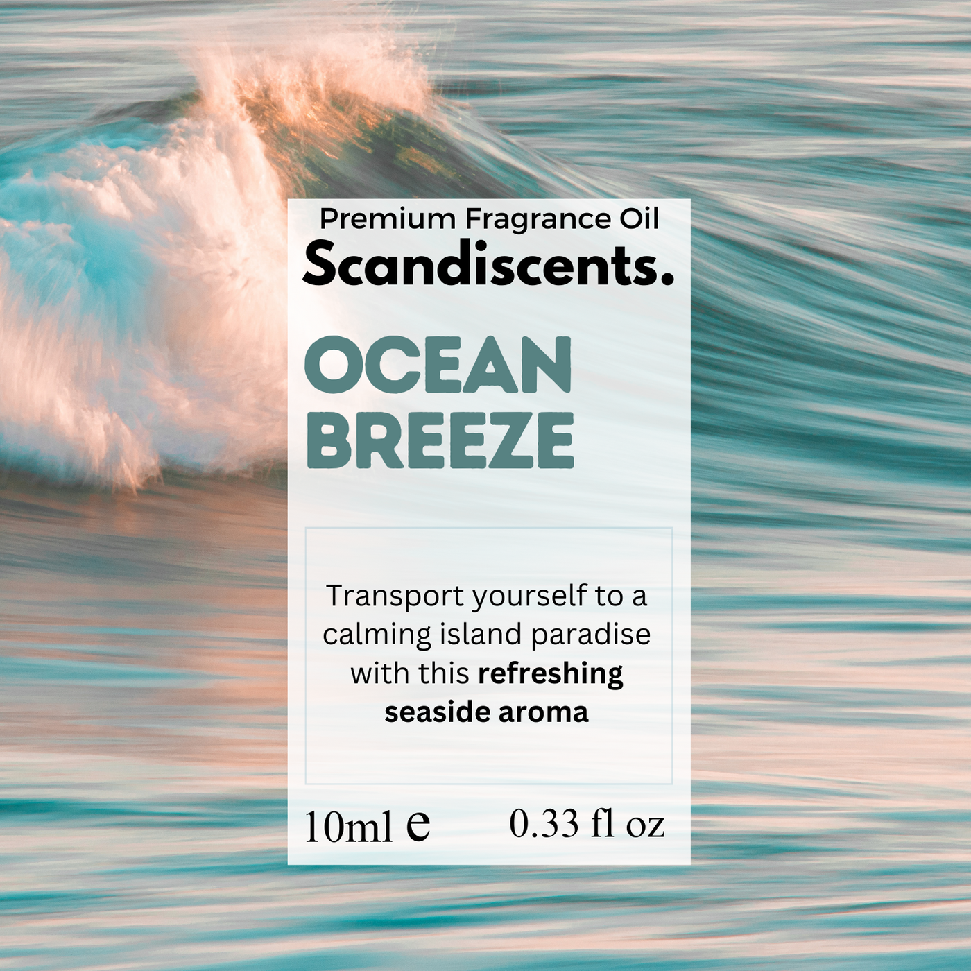 Scandiscents Ocean Breeze fragrance oil packaging with ocean wave background