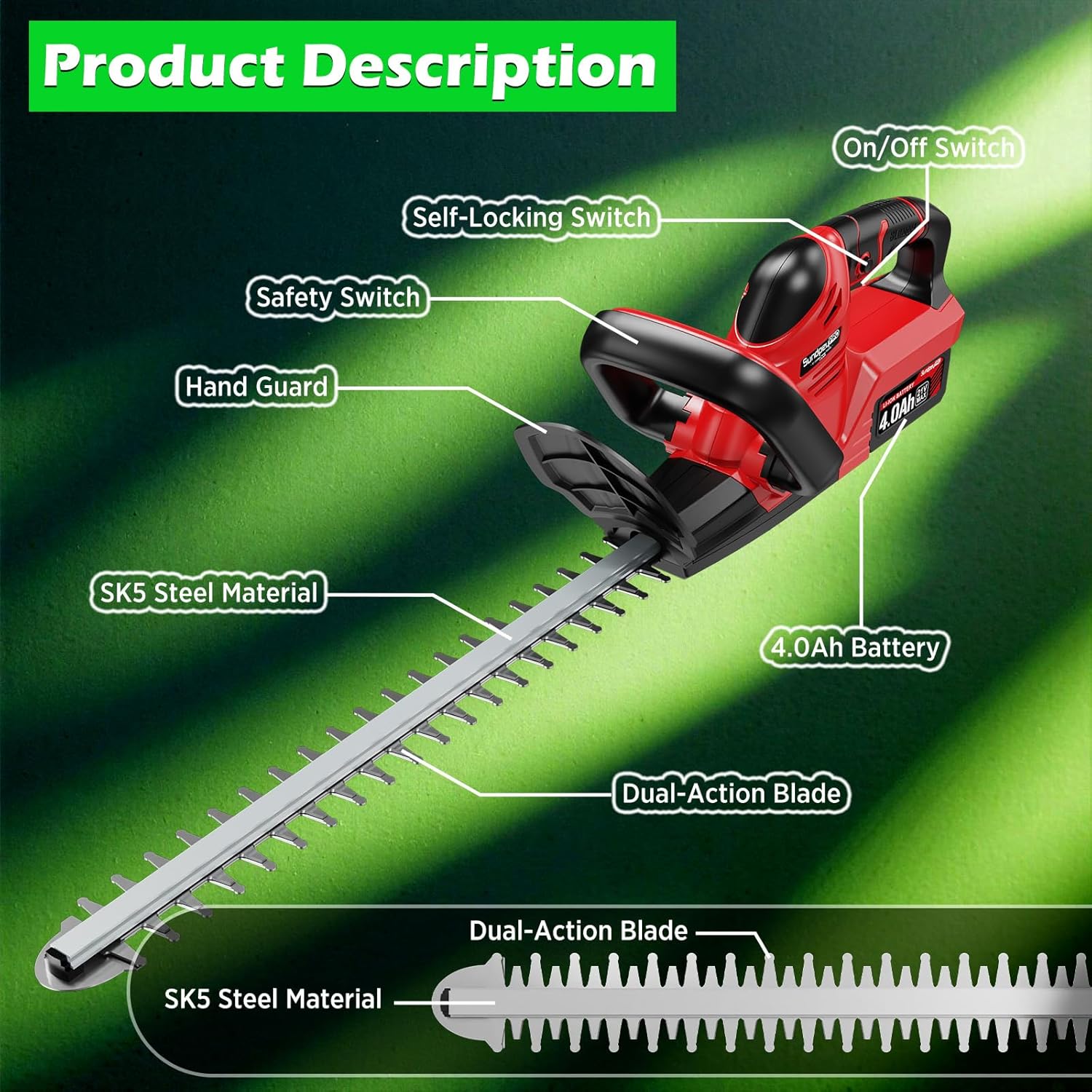 Hedge trimmer with labeled parts on a green background